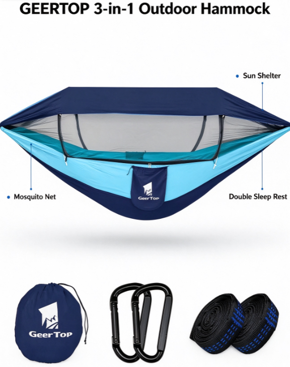 GEERTOP 3-in-1 Camping Hammock – with Mosquito Net & Sun Shelter, Double for Backpacking & Travel