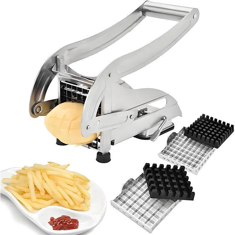 French Fry Cutter with 2 Blades – Professional Stainless Steel, Vegetable & Potato Slicer, Ideal for Air Fryer & Kitchen Use (Silver)