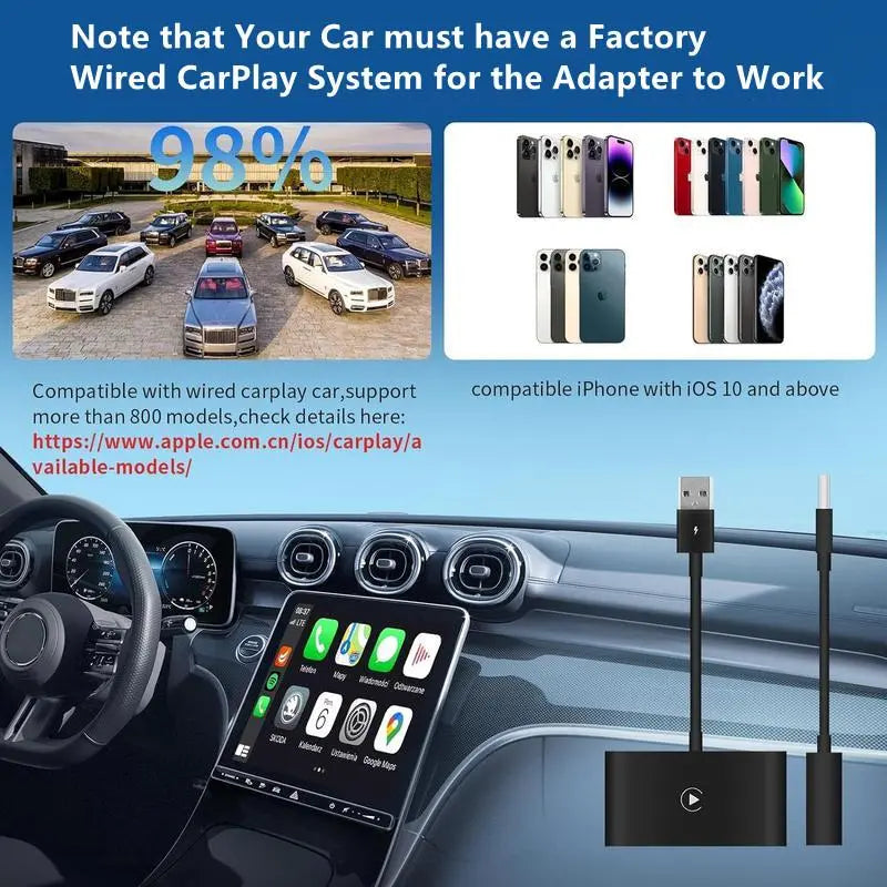Wireless CarPlay Adapter for iPhone – Plug-and-Play, Works with iOS 10+ and 2016+ Factory CarPlay Vehicles, USB-C Connection