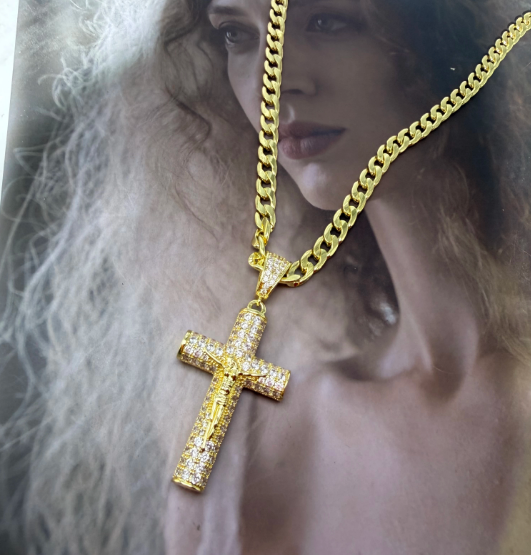 Cross Necklace for Men with Jesus Crucifix Pendant - 24" Cuban Figaro Rope Miami Chains