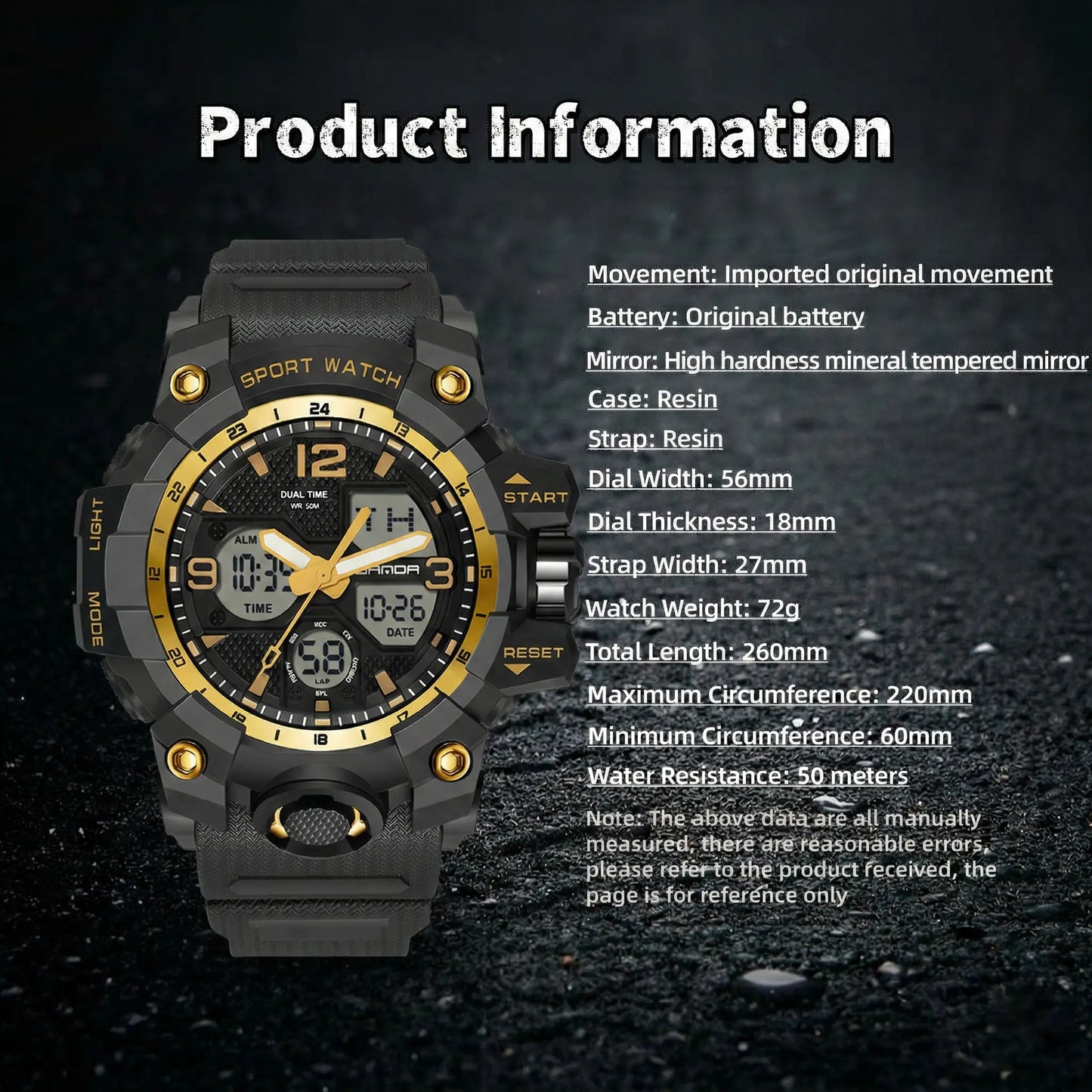 Men's Tactical Sport Watch - Large Dual Display, 50M Water Resistant, Luminous Alarm, Adjustable Rubber Strap for Outdoor Fitness