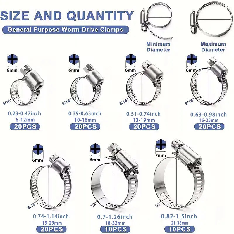 120-Piece Stainless Steel Hose Clamp Kit - 1/4-Inch to 1-1/2-Inch Spiral Gear Metal Rings for Fuel Lines, Pipes, Cars, Machinery and Garden Hoses