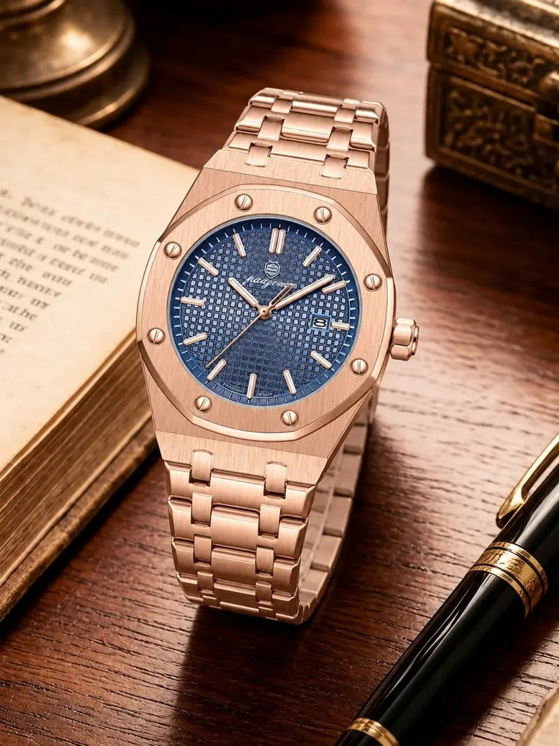 Men's Stainless Steel Quartz Watch – Waterproof, Luminous Dial with Date Display, Analog Design, Durable for Daily Wear