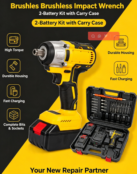 Brushless Impact Wrench – 1/2", 1500FT-LBS, 2 Batteries + Fast Charger for Auto Repair