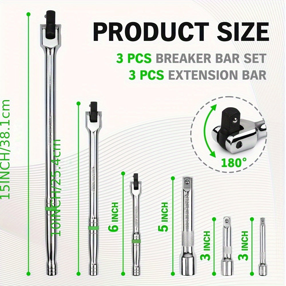 6-Piece Heavy Duty Breaker Bar Set – 1/4", 3/8" & 1/2" Drive, 6", 10" & 15" Lengths, 180° Rotatable Head