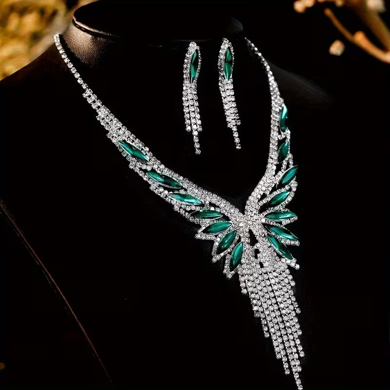 3Pcs Crystal Rhinestone & Green Gem Tassel Jewelry Set – Elegant Christmas Gift for Weddings & Parties