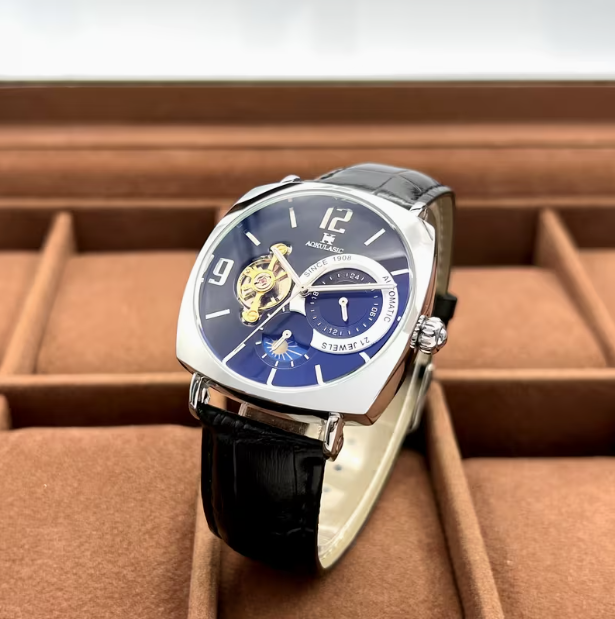 Elegant Men's Mechanical Watch – Retro Square Skeleton Dial, Alloy Case, Automatic Winding, Business Style, Analog Display, Battery-Free