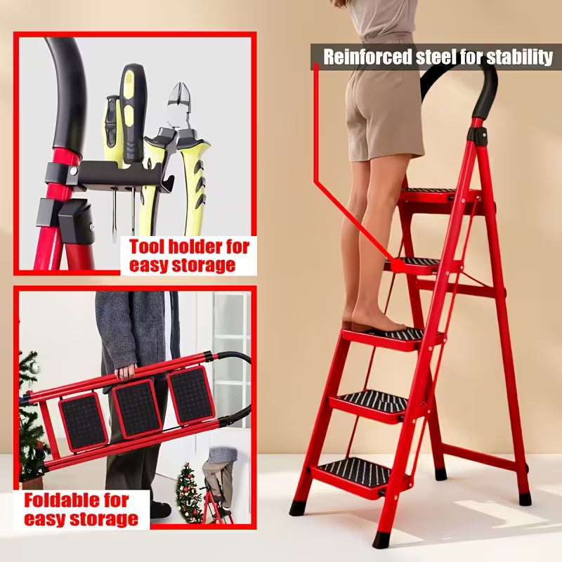 Folding Step Stool – 500lbs Capacity, Heavy-Duty Steel, Anti-Slip Wide Treads & Handrails