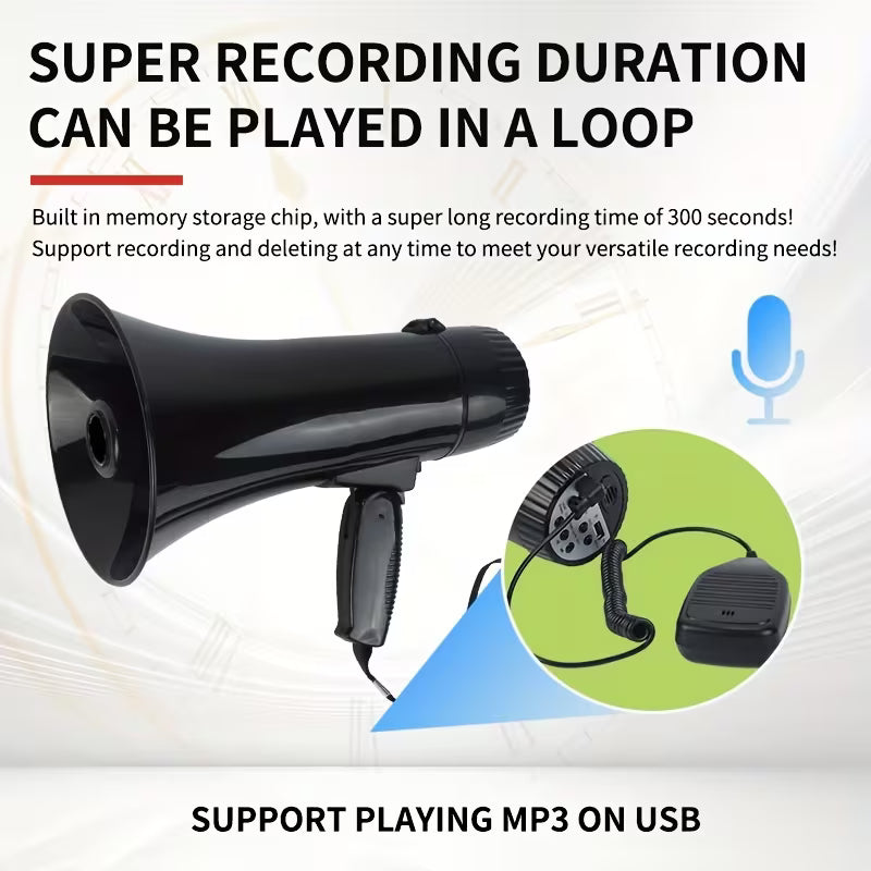 Portable Megaphone – Siren/Alarm Modes, 240s Recording, USB, Detachable Mic & Strap