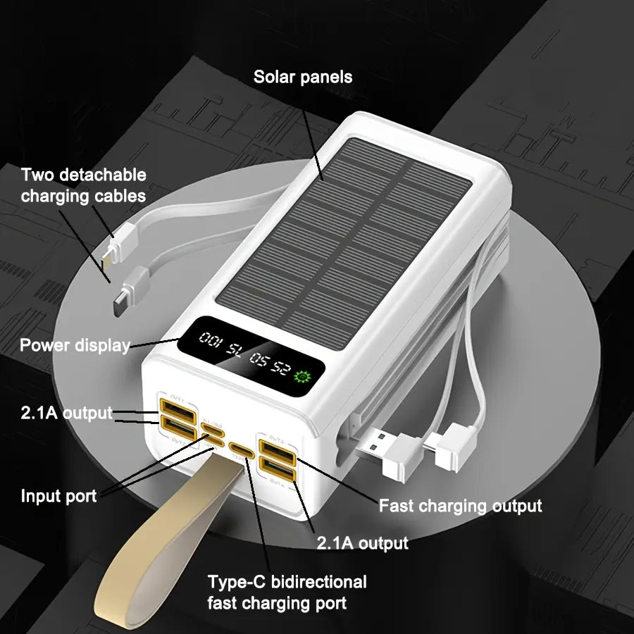 80000mAh Solar Power Bank with Flashlight – Fast Charging, USB-C, Built-in Cables, Digital Display – for iPhone, Android & Camping Gear
