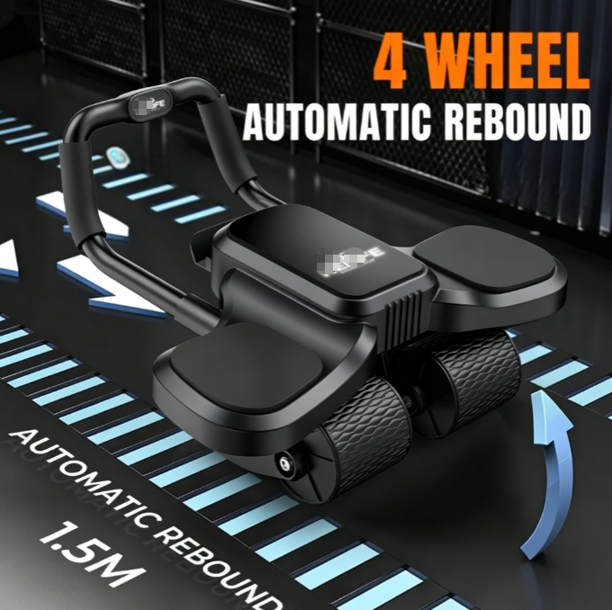4-Wheel Ab Roller with Automatic Rebound - Adjustable Foam Elbow Support and Phone Holder for Home Gym Core Training