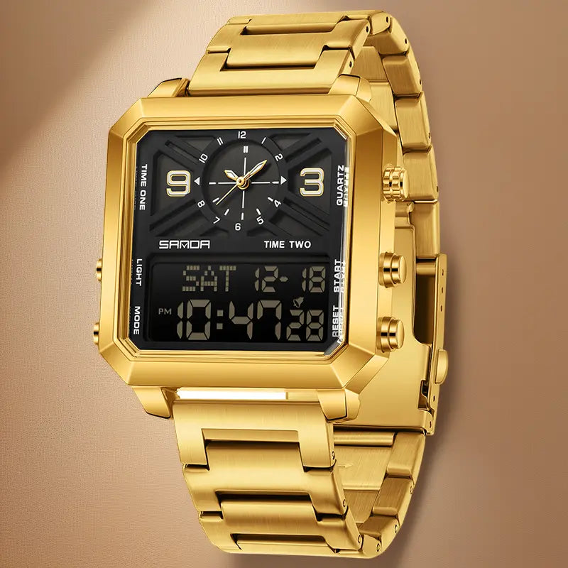 Multifunctional Men's Square Dual-Screen Watch – 3 Time Zones, Stopwatch, Alarm, Countdown, 30M Waterproof, Night Light, Suitable for Sports, Business & Daily Wear