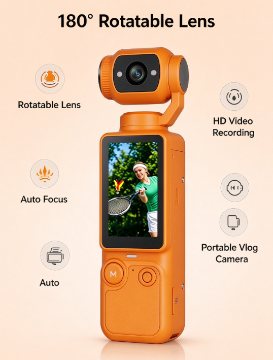 Handheld Vlog Camera – 180° Rotating Lens, Flip Screen, Auto Focus & Stabilization (SD Card Not Included)