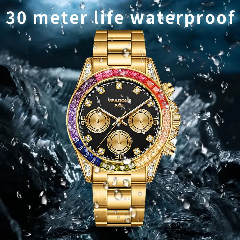 Men's Fashion Rhinestone Quartz Watch – Rainbow Dial, Chronograph, Luminous Date, Water Resistant – Box Not Included, Ideal for Party, Business & Daily Wear