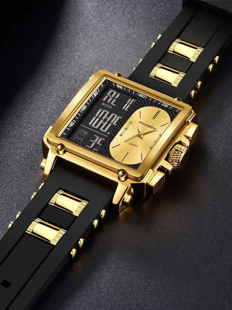 Men's Square Quartz Watch – Digital-Analog, Waterproof, Trendy All-Match Design, Perfect for Parties & Daily Wear
