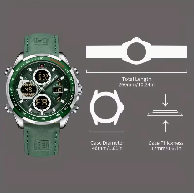 Men's Multifunctional Dual Display Sports Watch – Green, Luminous, Casual Fashion Style with Comfortable Strap