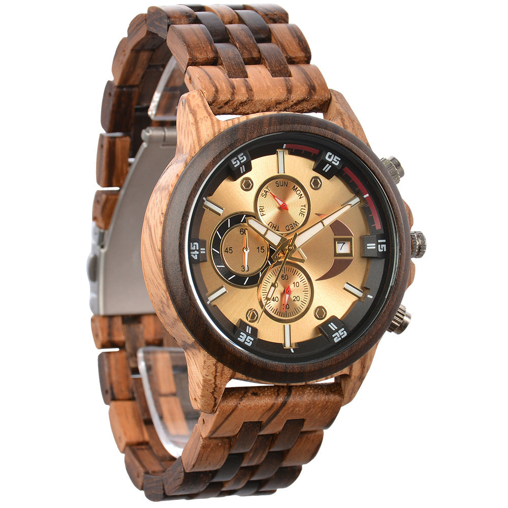 Men's Multifunctional Wooden Quartz Watch – Week, Calendar & Timer Display, Fashion Casual Design