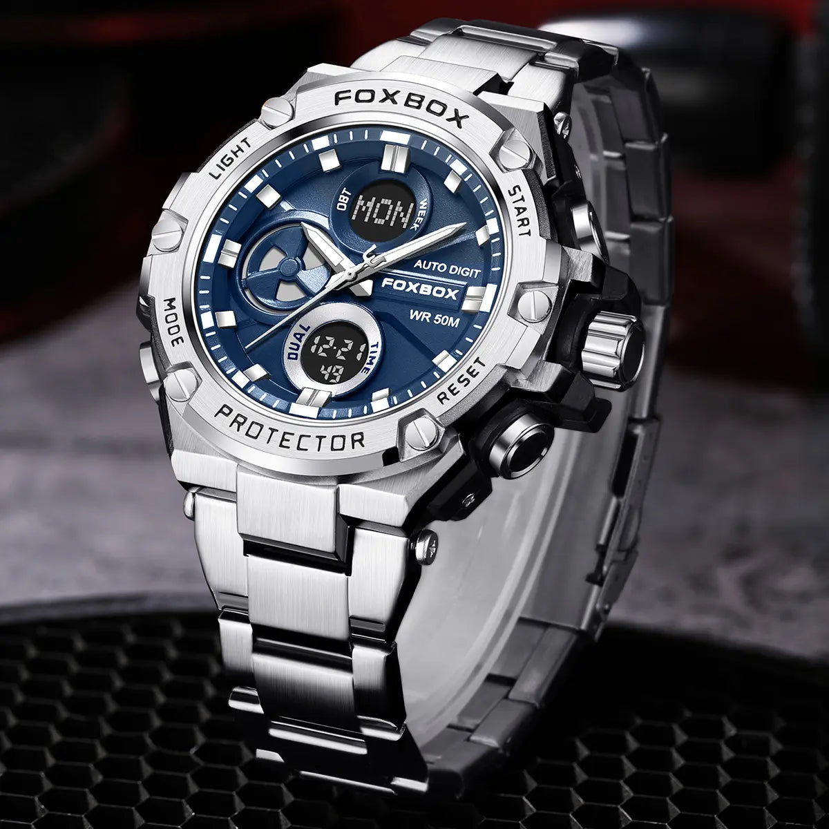 Foxbox Men's Fashion Multifunctional Sports Watch - Water Resistant Alloy Case, Stainless Steel Strap, Electronic Quartz
