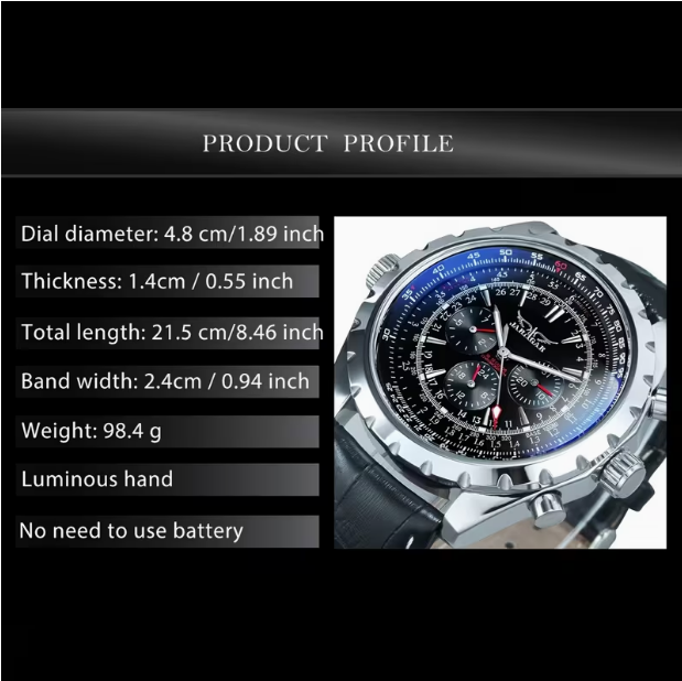 Pilot Sports Automatic Mechanical Watch for Men – Multifunctional Small Dials, Week & 24-Hour Display, Calendar, Business Casual Style