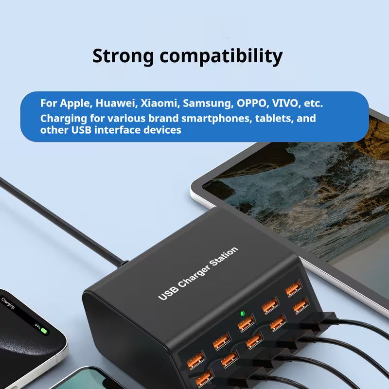 100W Charging Station – 15 USB Ports, Fast & Safe Charging for iPhone, Samsung, Android & Tablets