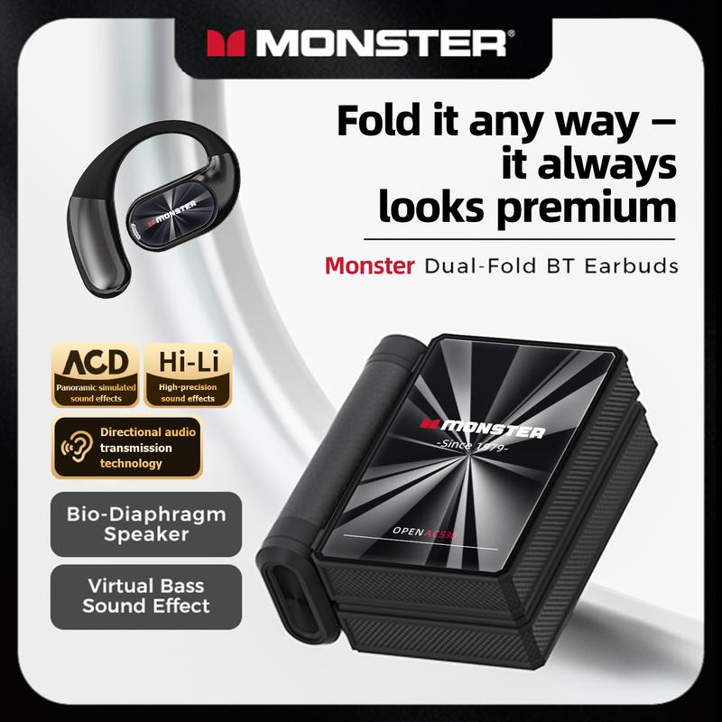 Black Monster Earbuds - Bluetooth with Dual-Fold Design, Noise Isolation - 145H Playtime Wireless Earbuds Bluetooth 6.0, IPX5 Waterproof & Sweatproof Wireless Earbuds, Ideal Traveling Gadgets & Electronic Gifts for Men and Women