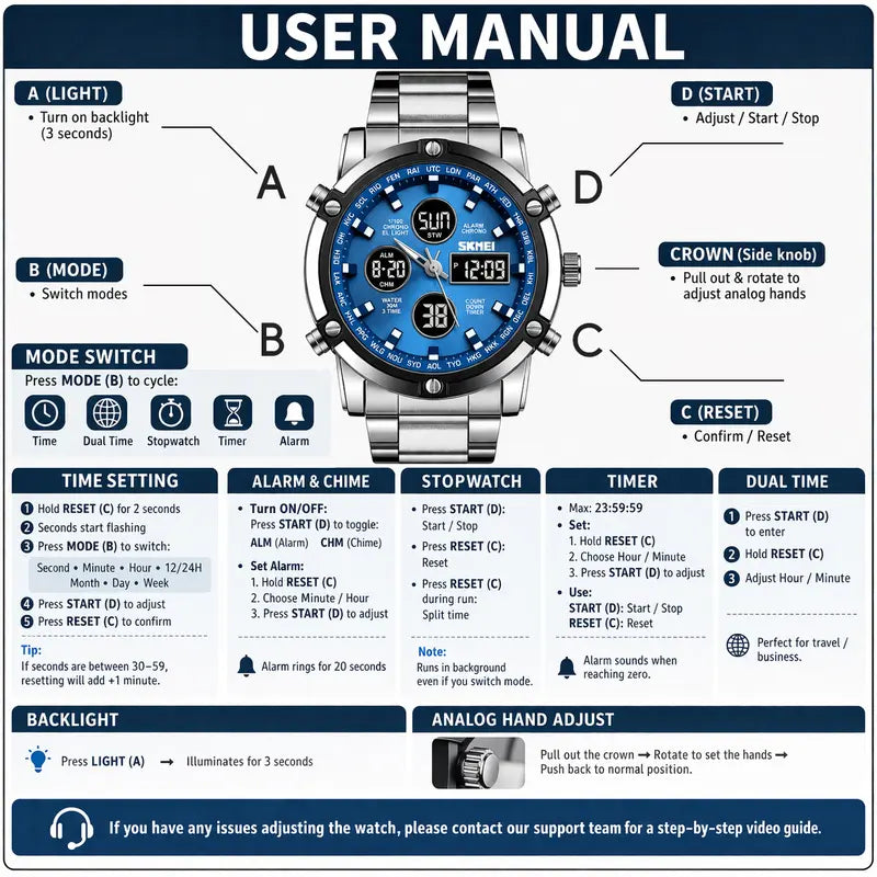Men's 48mm Round Face Alloy Digital Watch – 30M Waterproof, Stainless Steel Strap, 3 Time Zones, Nightlight, Timer, Calendar, Alarm – Multifunctional Wristwatch