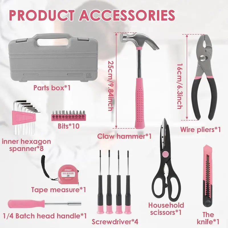 62-Piece General Household Tool Kit – Pink Basic DIY Tool Set with Toolbox Storage Case, for Home, Garage, Office & College Dormitory Use