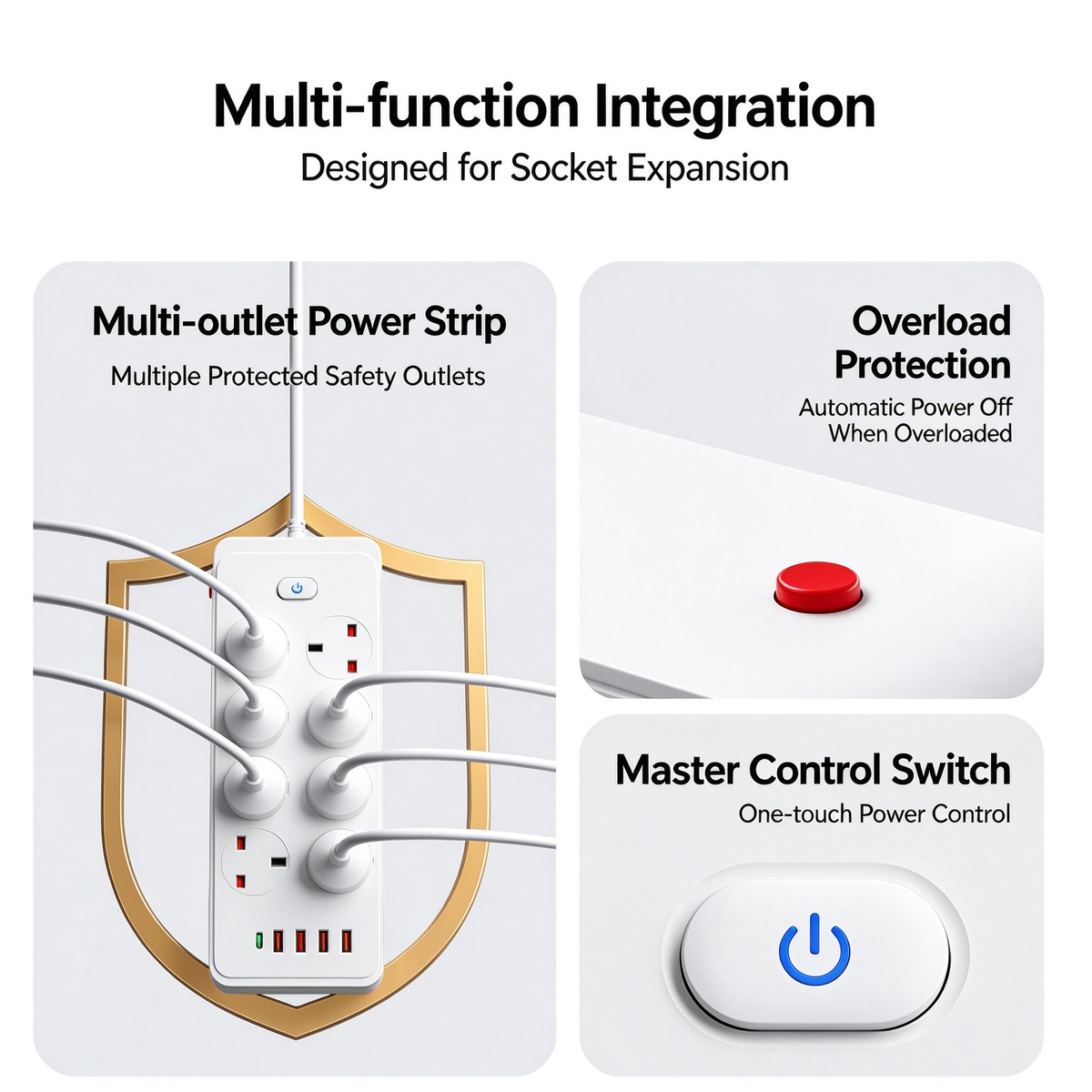 Multifunctional smart switch power strip with overload protection, UK standard, USB + Type-C charging ports