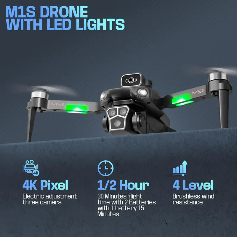 Drone with Camera – Wi-Fi FPV, Gesture Control, Foldable, 15 Min Flight Time (2 Batteries, 15 Mins Each), Carrying Case, Adjustable Lens, Brushless Motor, Obstacle Avoidance, One-Key Take Off/Land, 2.4GHz, Black – Great Gift for Teens