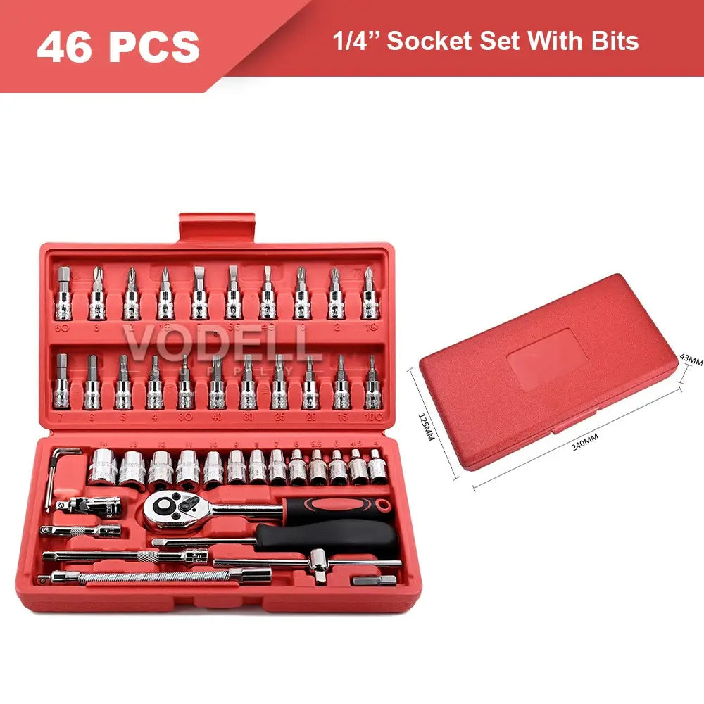 CR-V 46-Piece Ratchet Box Socket Set - Chrome Vanadium Steel, T-Handle Screwdriver with Cross and Hex Bits