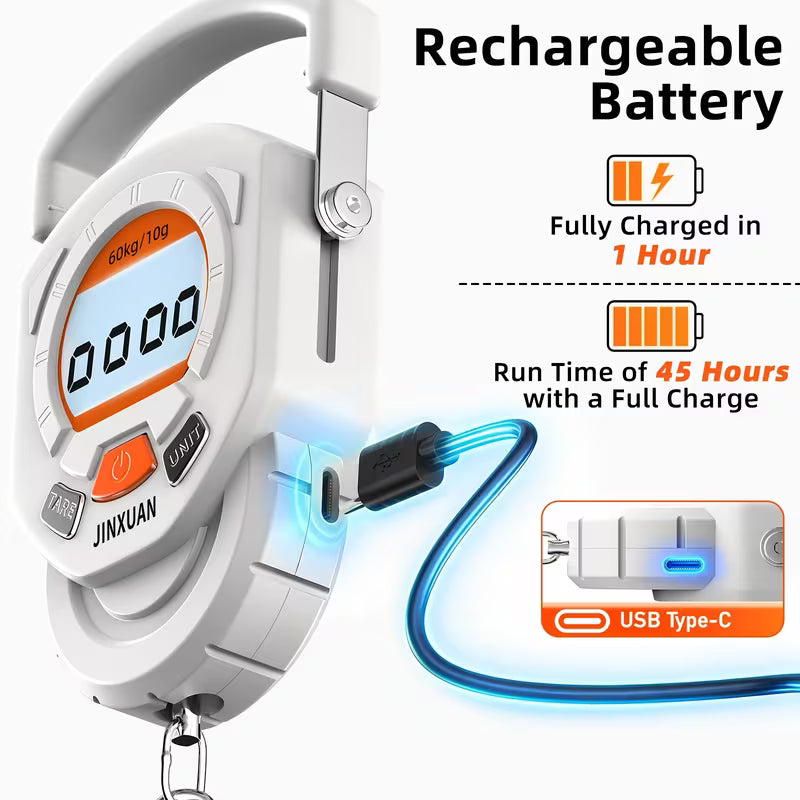 60Kg Digital Hanging Scale – Type-C Rechargeable, Foldable Steel Hook, Backlit LCD for Luggage & Fishing