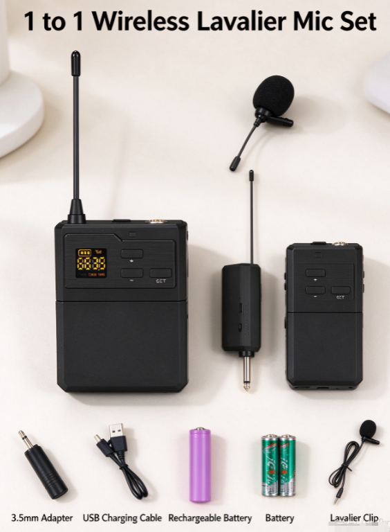 UHF Wireless Lapel Microphone System – 1 Transmitter + 1 Receiver, Headset & Lavalier with 3.5mm Adapter