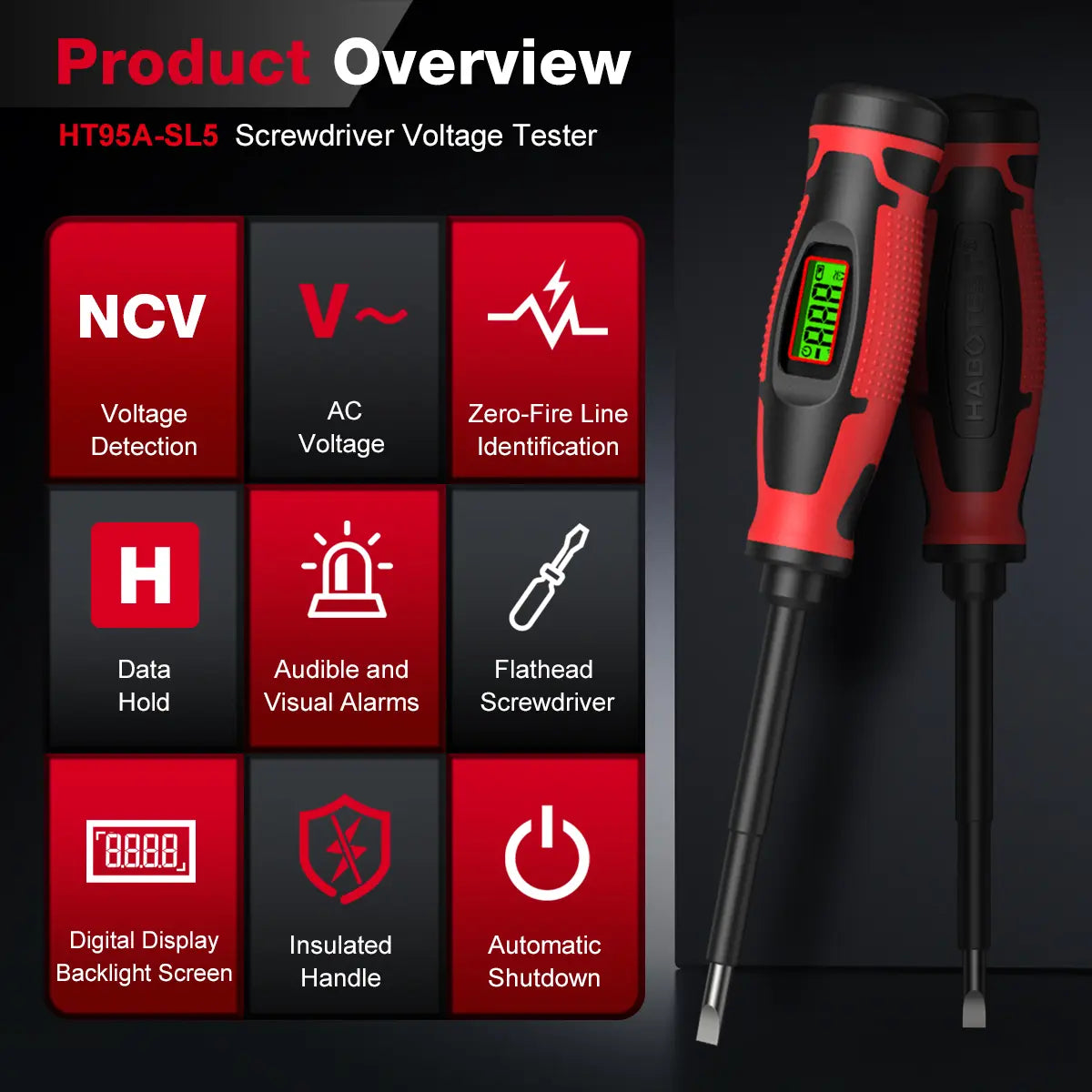 HABOTEST HT95A-SL5 Voltage Tester Screwdriver - 2-in-1, 6V-390V AC, NCV, LCD Screen