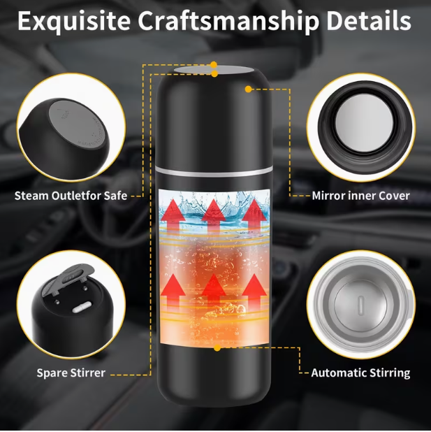 Travel Electric Kettle & Car Coffee Warmer – Portable Hot Water Heater with Stirring, Hot Water Boiler with Built-In Magnetic Induction