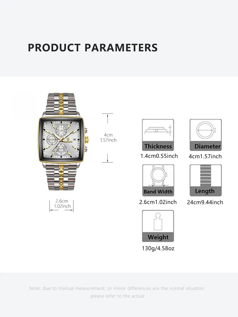 Men's Multifunctional Square Analog Quartz Watch – Stainless Steel Strap, 3-Eye 6-Hand Chronograph Dial, Business Fashion Style