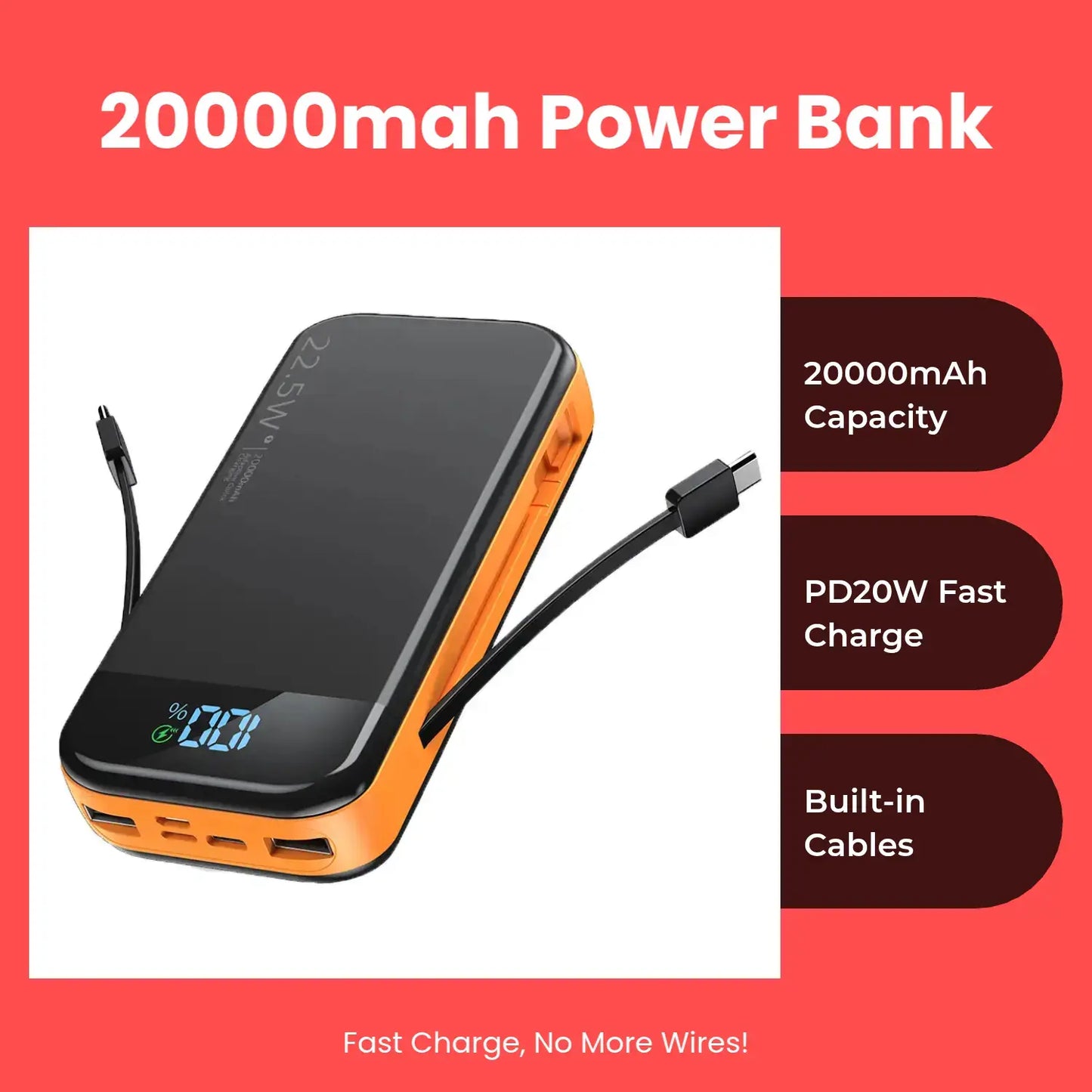 20000mAh Portable Power Bank with Built-in 2 Cables - PD20W Fast Charging, LED Digital Display, Large Capacity Charger for iPhone, Galaxy, iPad and Electronic Devices