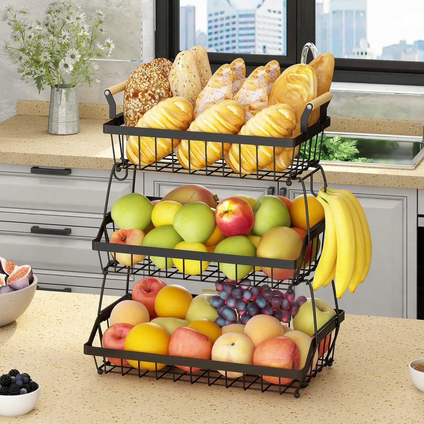 3-Tier Metal Fruit & Vegetable Storage Basket with Hooks – Space-Saving Kitchen Organizer for Countertop, Pantry & Bathroom, Heavy Duty & Rust-Proof Design