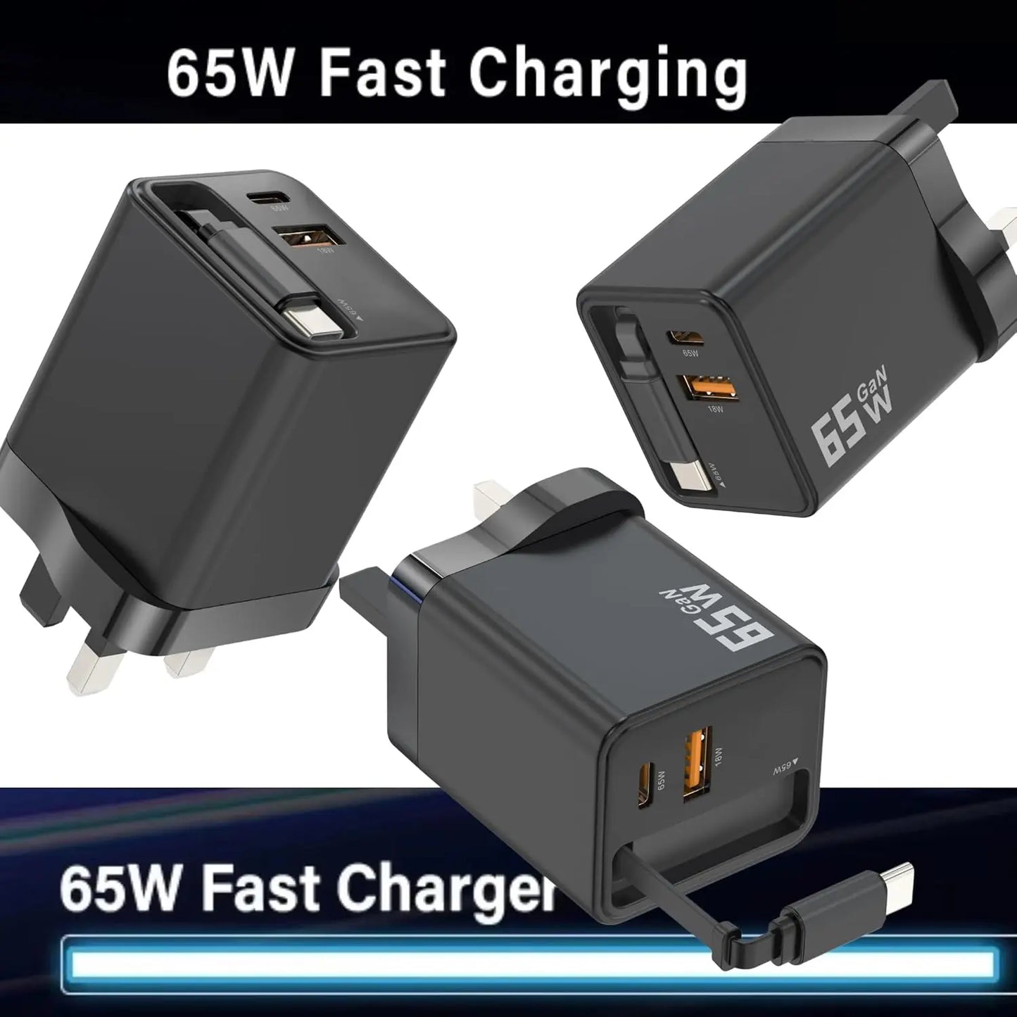 65W GaN USB-C Fast Charger with Retractable Cable - Multiport Charging Station (2 USB-C PD + 1 USB-A) Travel Adapter for Laptop, MacBook, iPhone and Galaxy