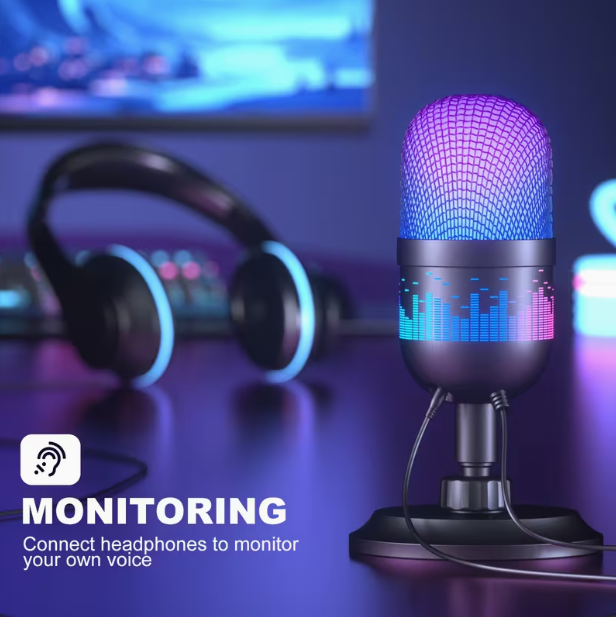 USB Gaming Microphone – Plug & Play, RGB Light, One-Click Mute, Noise Reduction, Volume Gain, Compatible with PC, Mac, PS4/PS5, Ideal for Podcast, Streaming & Recording
