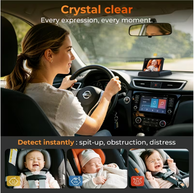 Baby Car Mirror with 4.3" HD Night Vision Display – Safety Car Seat Camera, Wide Crystal Clear View, Easily Observe Baby’s Movements (Not USB)
