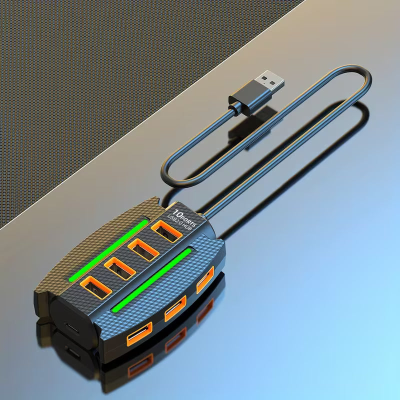 10-Port USB 2.0 Hub with RGB Lights - High-Speed Multi-Device Splitter, Plug and Play, 36V Max for Computer Accessories