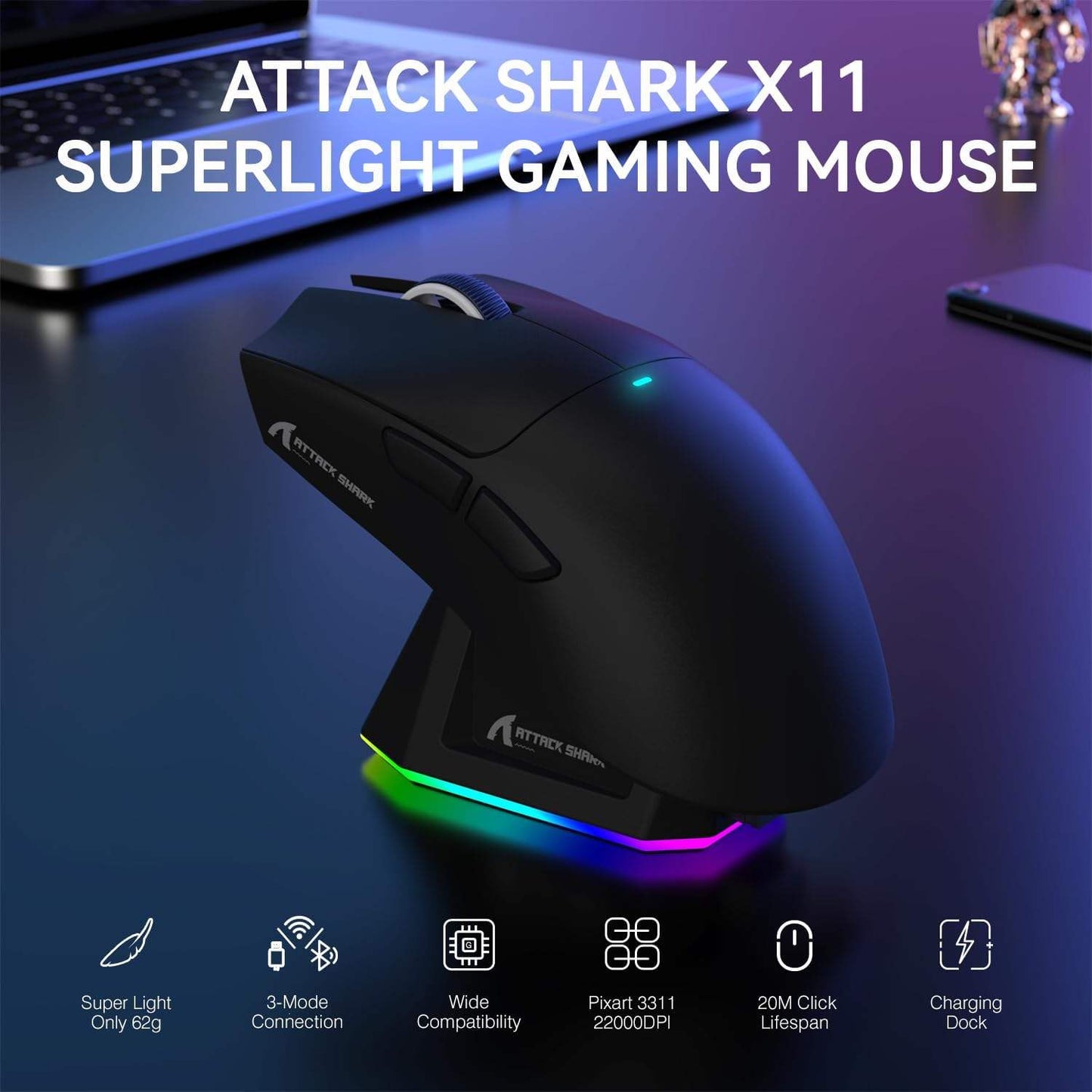 ATTACK SHARK X11 Wireless Gaming Mouse, Rechargeable RGB Lighting Mouse with Charging Base, Optical Sensor Mouse for Gaming & Office, Gaming Accessories