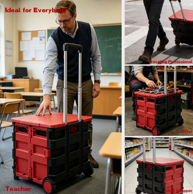 Heavy-Duty Collapsible Rolling Cart with Plastic Wheels & Blue Lid Seat – 80 lbs Capacity, Plastic Crate Converts for Transport & Seating, Ideal for Teachers & More