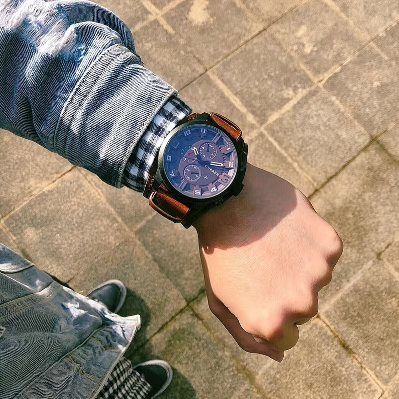 CURREN Men's Leather Strap Sports Watch - Date Display, Large Dial, Outdoor Casual Wristwatch