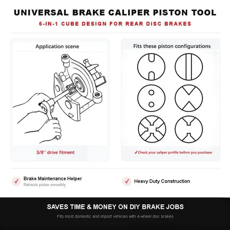 2-Piece Cube Brake Caliper Compression Tool - 3/8" Square Drive, 5-Side Disc Brake Piston Adjuster for Rear Brakes