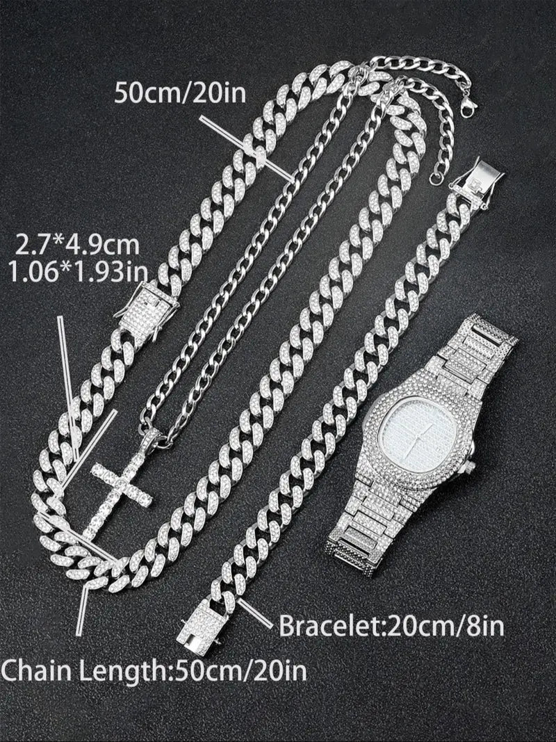 Men's Fashion Jewelry Set with Box - Rhinestone Watch, Cross Pendant Necklace and Cuban Chain Bracelet