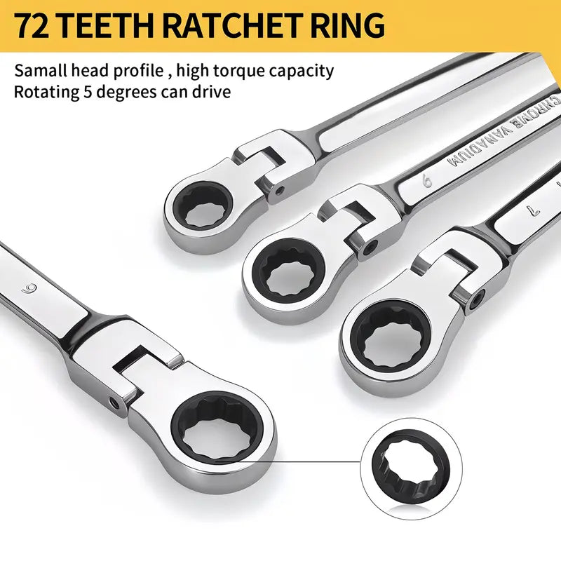 5-Piece Double-Ended Adjustable Ratchet Wrench Set - Metric 6-10mm, 72 Teeth, CR-V Steel with Storage Bag for Home, Car and Machinery