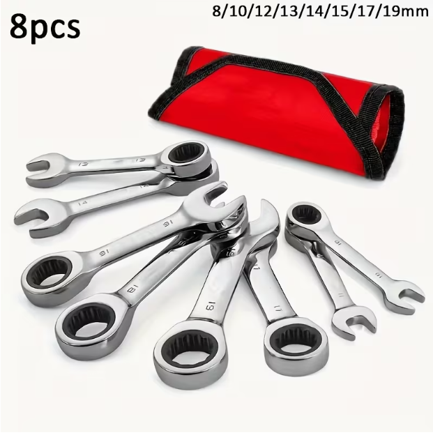 8-Piece Ratchet Wrench Set – Short Handle, Metric, Chrome Vanadium Steel, 72-Tooth, Sizes 8/10/12/13/14/15/17/19mm, with Storage Case
