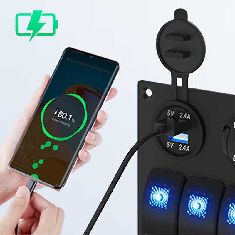 12V 5-Gang Rocker Switch Panel – Blue LED, Dual USB 4.8A, Car Plug & Voltmeter (Battery Not Included)