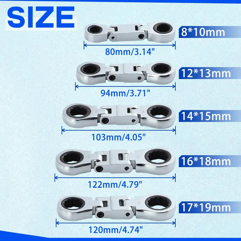 5-Piece Stubby Flex Head Ratcheting Wrench Set - 72-Tooth, Quick Release, Metric Combination Wrench for Tight Spaces